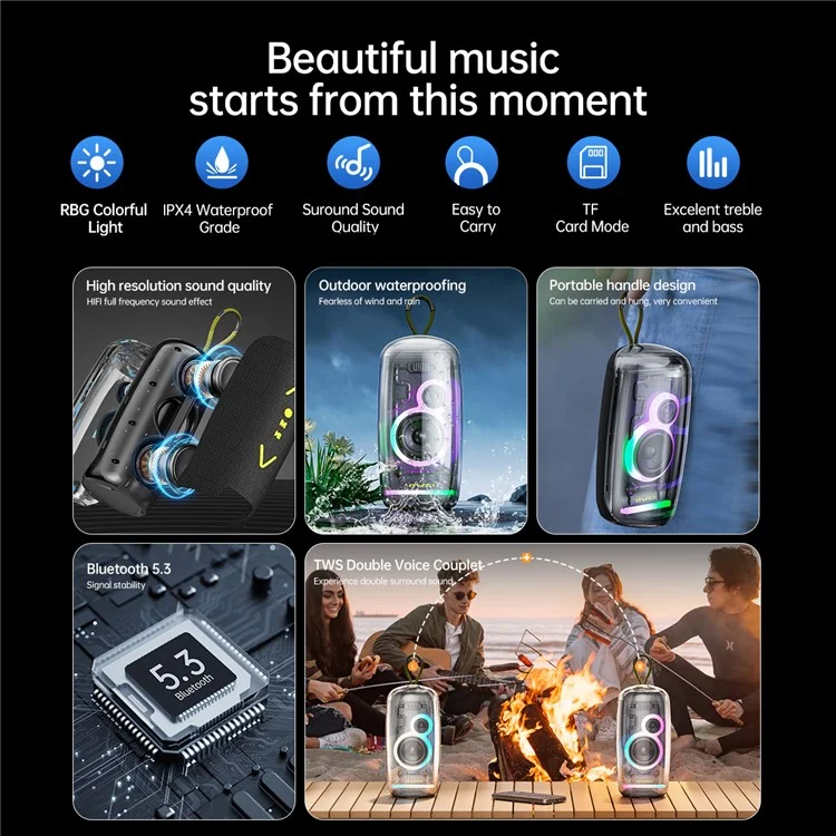 Altavoz Bluetooth impermeable AWEI KA32 TWS con emparejamiento, reproductor de música con subwoofer y luces de colores