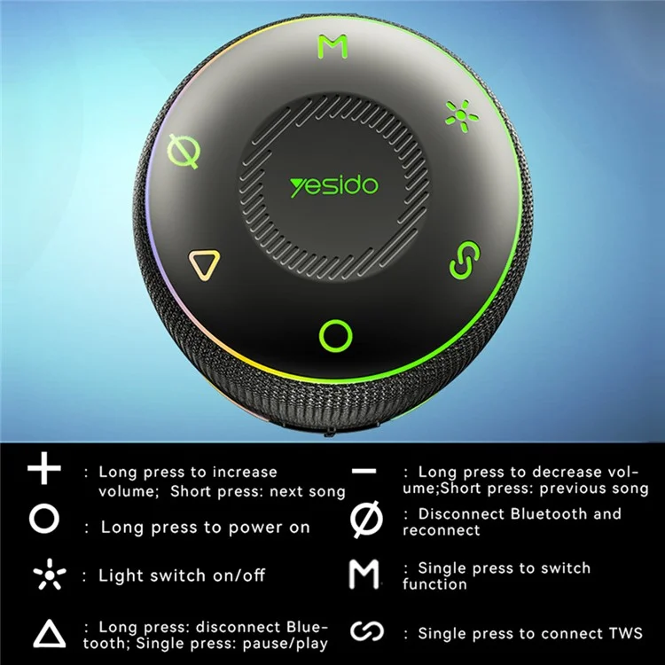 YESIDO YSW22 Portable Bluetooth-compatible Speaker RGB Light Waterproof Wireless Music Subwoofer