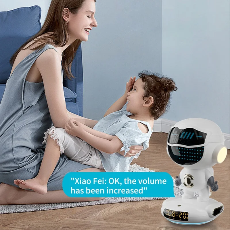 M80 Spaceship Shape AI Bluetooth-compatible Speaker WiFi Wireless Speaker with Alarm Clock Night Lights Phone Holder - Yellow