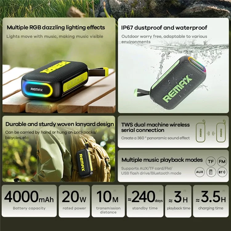 REMAX RB-M10 20W Portable Wireless Bluetooth-compatible Speaker IP67 Waterproof with LED Light 4000mAh Battery - Blue