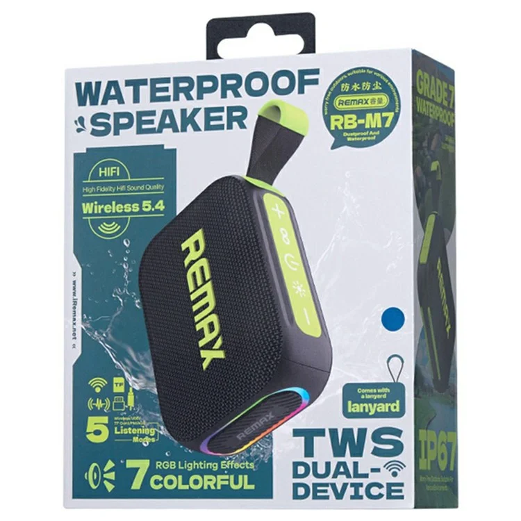 REMAX RB-M7 Portable Wireless Speaker IP67 Waterproof RGB Light TWS HiFi Sound Loudspeaker - Black