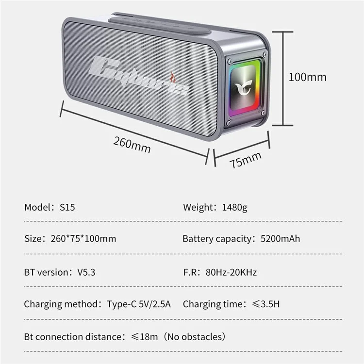 CYBORIS S15 Portable Bluetooth-compatible Speaker Stereo HiFi Subwoofer IPX6 Waterproof Up to 24H Playtime - Silver