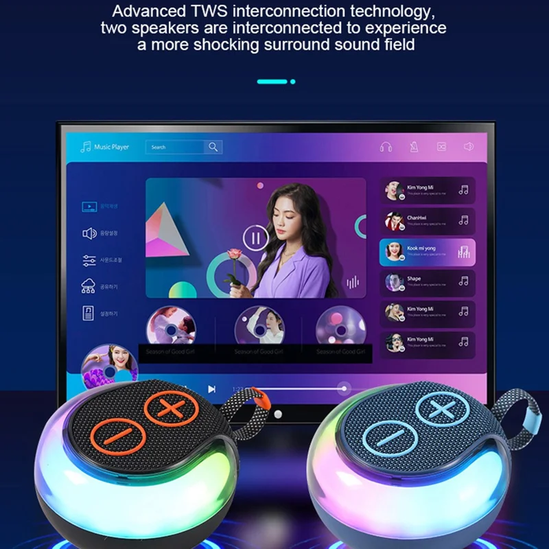 Portable RGB Light Round Bluetooth-compatible Speaker Outdoor Desktop Wireless TWS Subwoofer - Blue