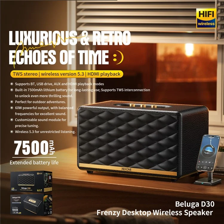 WEKOME Beluga D30 Enceinte Bluetooth de bureau Système sonore puissant Haut-parleur sans fil 7500mAh