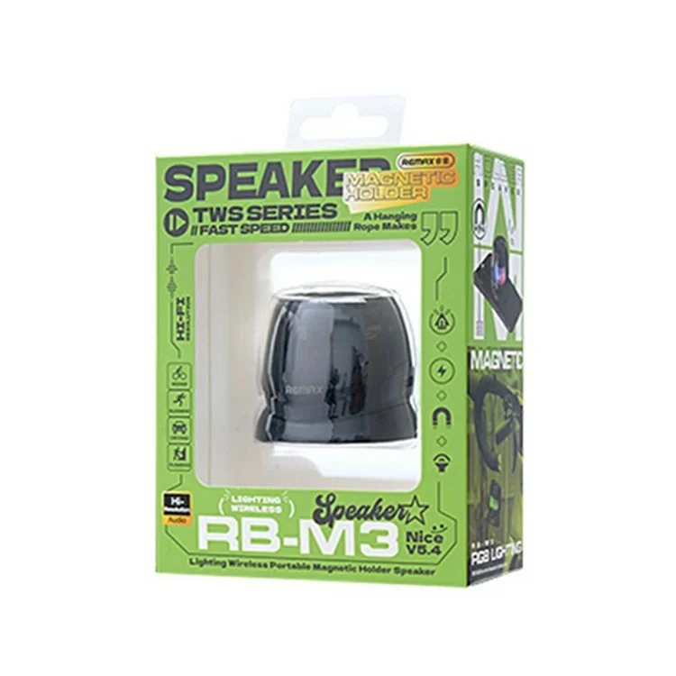 Alto-falante Bluetooth Portátil REMAX RB-M3 com Suporte Magnético, Iluminação RGB e Emparelhamento TWS - Cinza