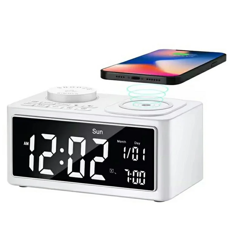 H7 Multifunctional Wireless Charging Bluetooth-compatible Speaker Clock Radio FM Radio with USB Charging - White  /  UK Plug