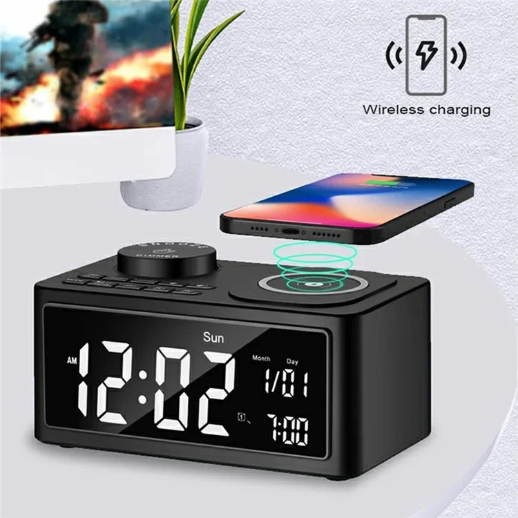H7 Multifunctional Wireless Charging Bluetooth-compatible Speaker Clock Radio FM Radio with USB Charging - White  /  UK Plug