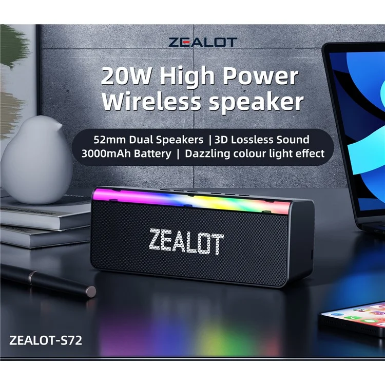 ZEALOT S72 Enceinte Bluetooth portable de 20W, BT5.4 avec Caisson de basses et Éclairage LED, Compatible carte TF et Clé USB