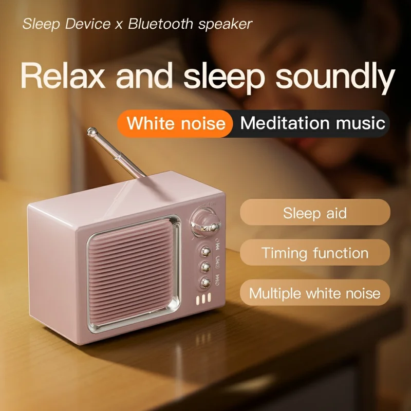 BT 5.0 White Noise Sleep Speaker Retro Mini TV Design Sound Box Wireless Music Player with FM Radio - Dark Grey