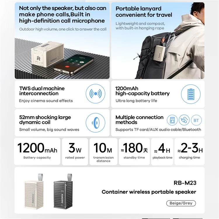 Caixa de som portátil sem fio REMAX RB-M23 com design de contêiner, compatível com Bluetooth - Preto