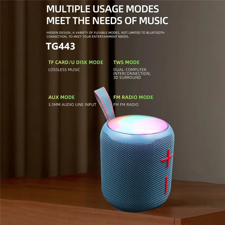 T&G TG443 Wireless Portable Speaker Aurora Atmosphere Light Bluetooth-Compatible TWS Stereo Bass Speaker - Black