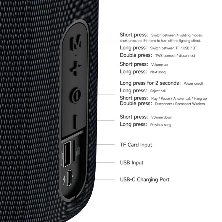 MCDODO BS-1410 Enceinte Portable Bluetooth Compatible Audio Sans Fil avec Lumières Colorées Étanche IPX4