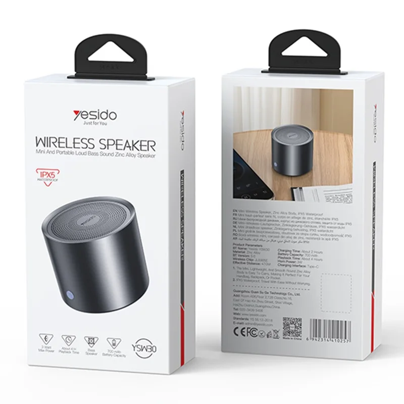 YESIDO YSW30 Portable Bluetooth-Compatible Speaker Zinc Alloy IPX5 Waterproof 3W Mini Subwoofer