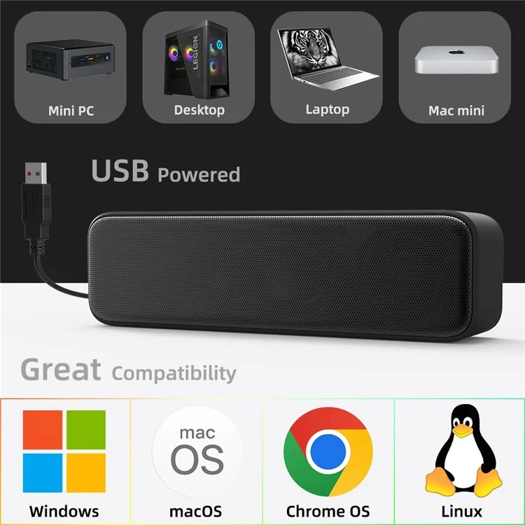 LLR505 USB Powered Speaker for Desktop PC Dual Horn Enhanced Bass Stereo Sound Soundbar