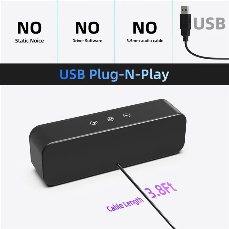 LLR055 USB Mini Soundbar 2 x 3W Wired Computer Speaker Dual Drivers for Desktop  /  Laptop  /  PC