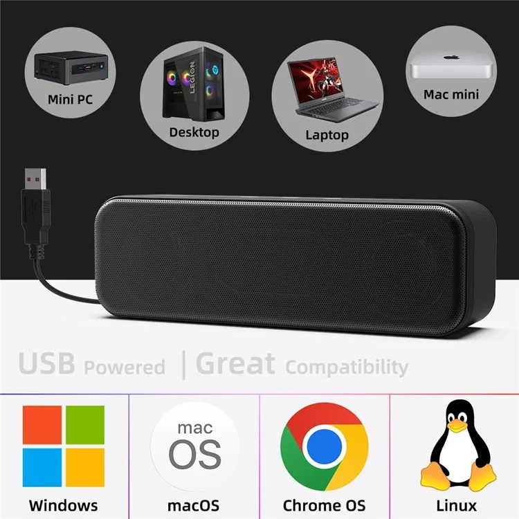LLR055 USB Mini Soundbar 2 x 3W Wired Computer Speaker Dual Drivers for Desktop  /  Laptop  /  PC