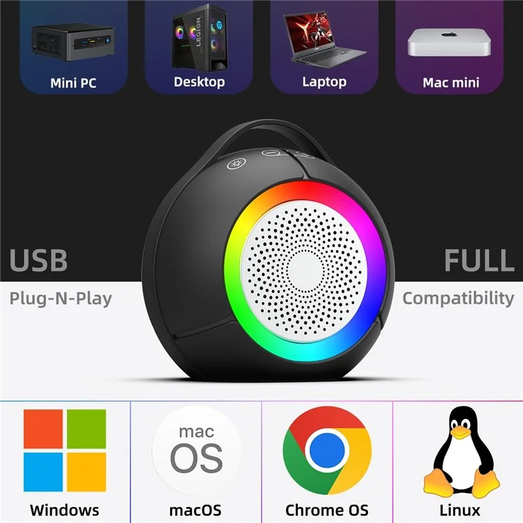 LLR096 Kugelförmiger USB Mini Desktop-Lautsprecher 5W Subwoofer Kabelgebundenes Soundsystem mit RGB-Beleuchtung für PC und Laptop