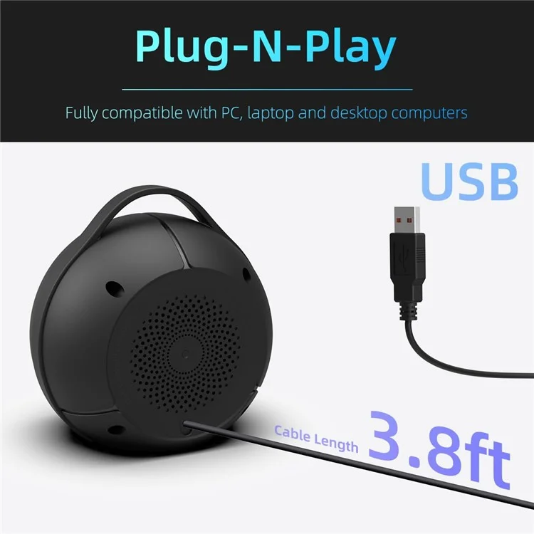 LLR096 Kugelförmiger USB Mini Desktop-Lautsprecher 5W Subwoofer Kabelgebundenes Soundsystem mit RGB-Beleuchtung für PC und Laptop
