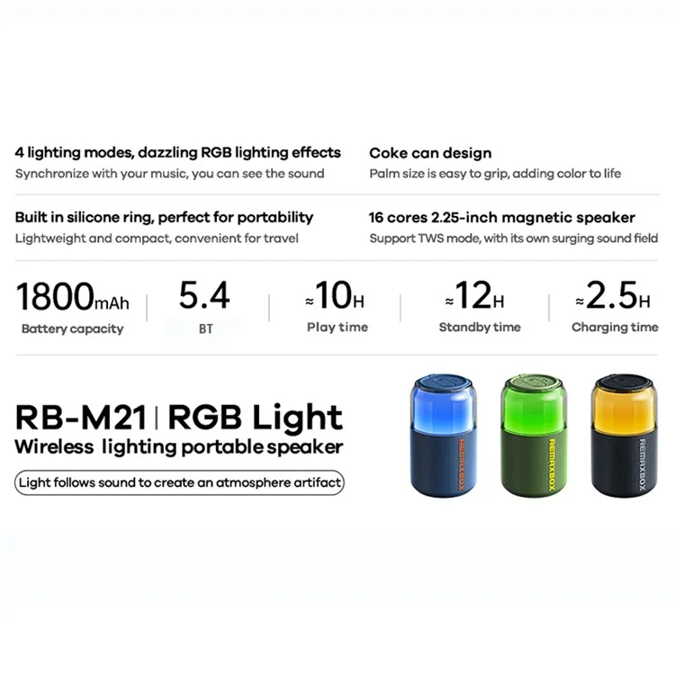 REMAX RB-M21 TWS Portable Wireless Bluetooth-Compatible Speaker with 4 RGB Lighting Mode - Blue