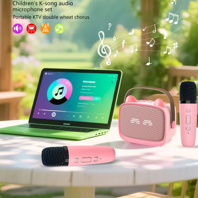T99 Children Karaoke Speaker with Dual Microphone Multi Light Modes Bluetooth-Compatible Audio System - Black+Blue