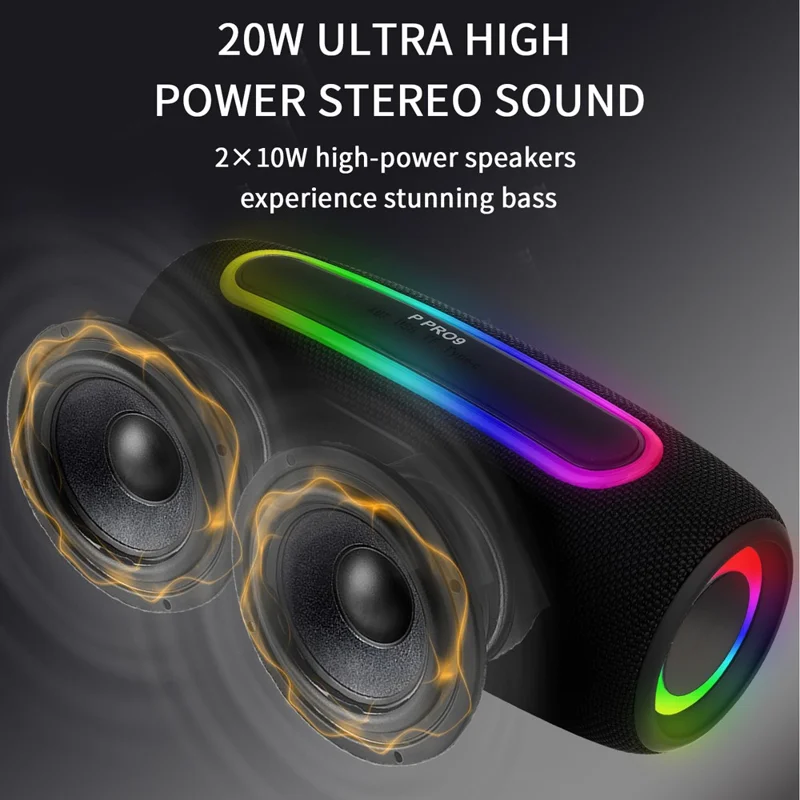 PRO9 Haut-parleur TWS sans fil compatible Bluetooth IPX6 Étanche Portable Boombox Extérieur - Noir