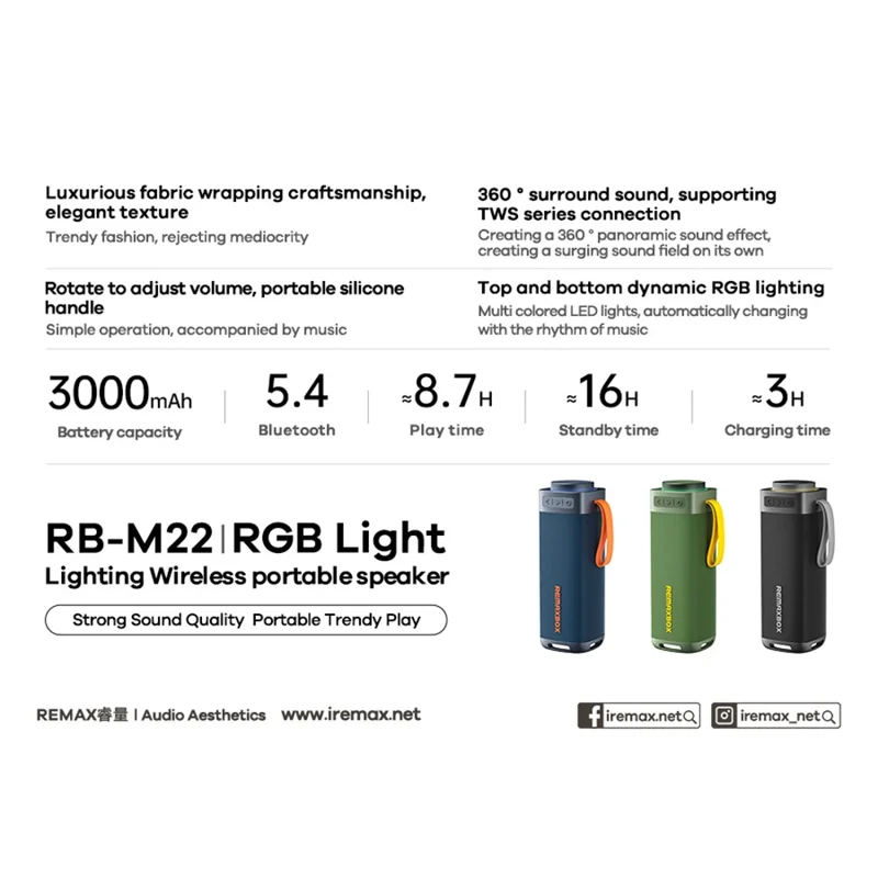 REMAX RB-M22 Tragbarer Bluetooth-kompatibler Lautsprecher mit RGB-Beleuchtung TWS-Kopplung - Blau