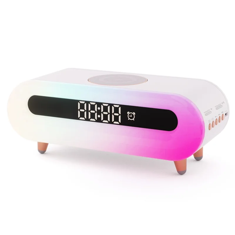 Altavoz inalámbrico multifuncional S608 con reloj, lámpara de mesita, carga inalámbrica y luz nocturna RGB - Blanco