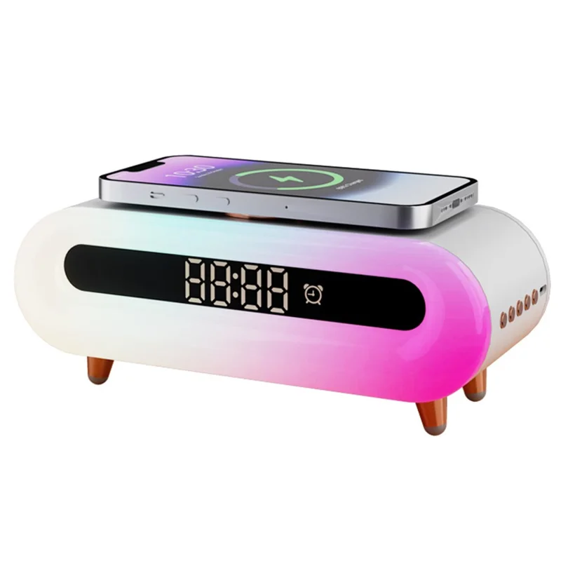 Altavoz inalámbrico multifuncional S608 con reloj, lámpara de mesita, carga inalámbrica y luz nocturna RGB - Blanco