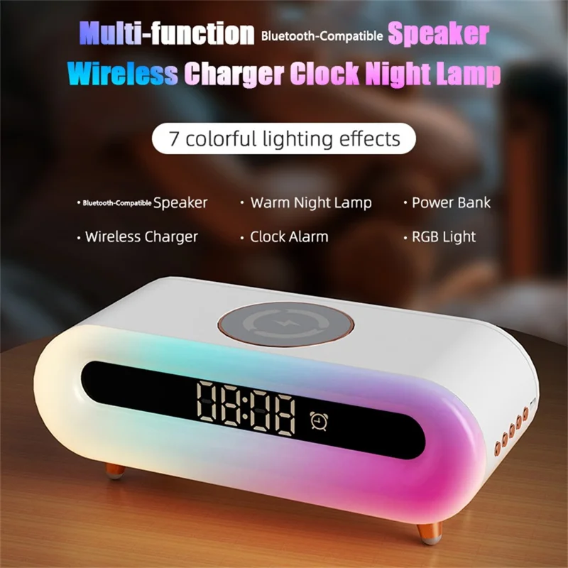 Altavoz inalámbrico multifuncional S608 con reloj, lámpara de mesita, carga inalámbrica y luz nocturna RGB - Blanco