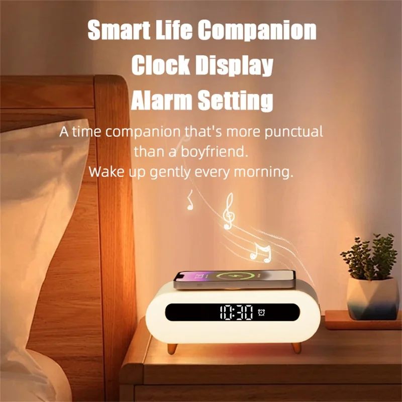 Altavoz inalámbrico multifuncional S608 con reloj, lámpara de mesita, carga inalámbrica y luz nocturna RGB - Blanco