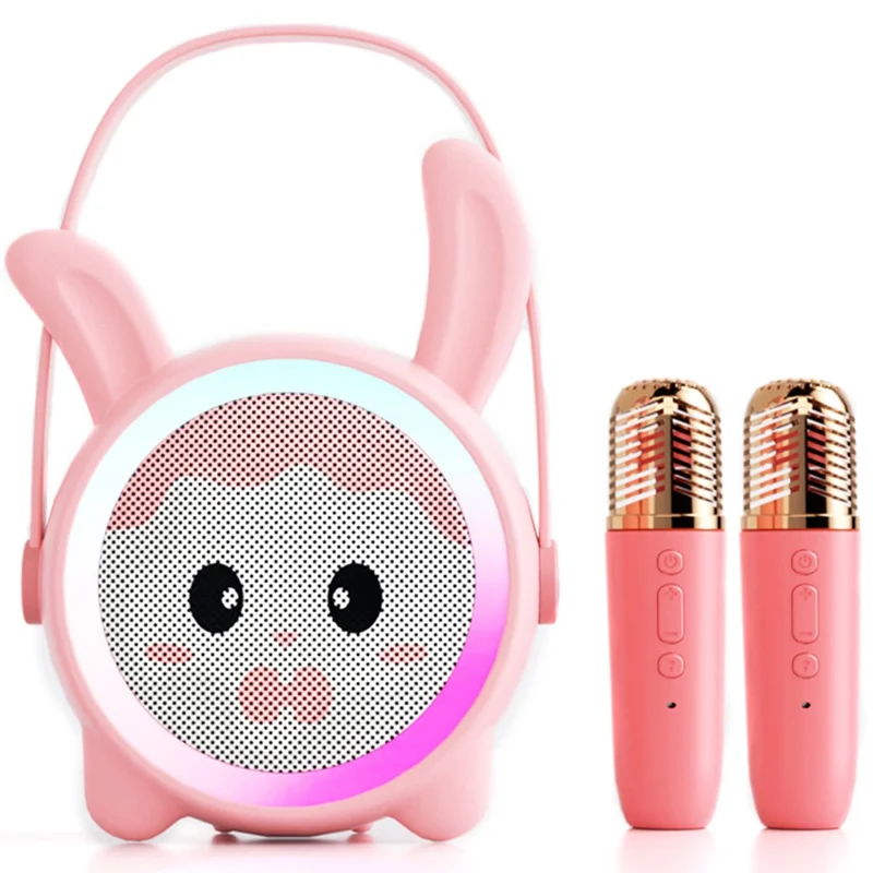K12 Wireless Speaker Karaoke Set with 2 Microphones for Kids Cartoon Cute Design BT Audio System - Pink Rabbit