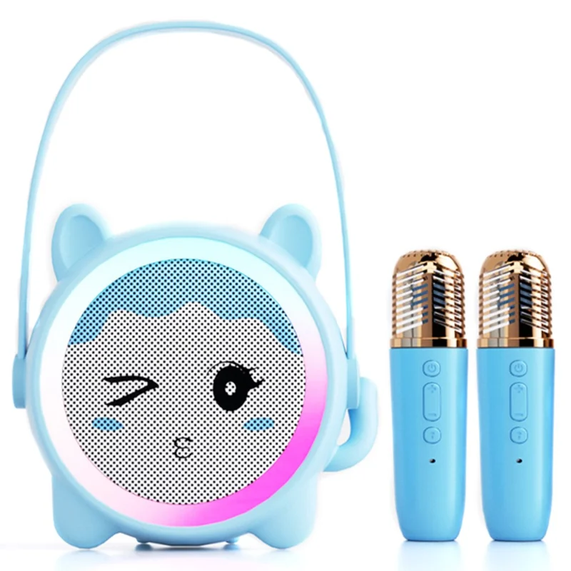 K12 Wireless Speaker Karaoke Set with 2 Microphones for Kids Cartoon Cute Design BT Audio System - Blue Cat