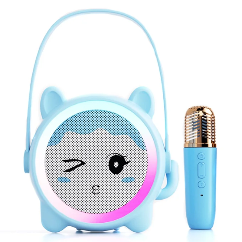 K12 Wireless Microphone Speaker Karaoke Set for Kids Cartoon Cute Design BT Audio System for Home - Blue Cat