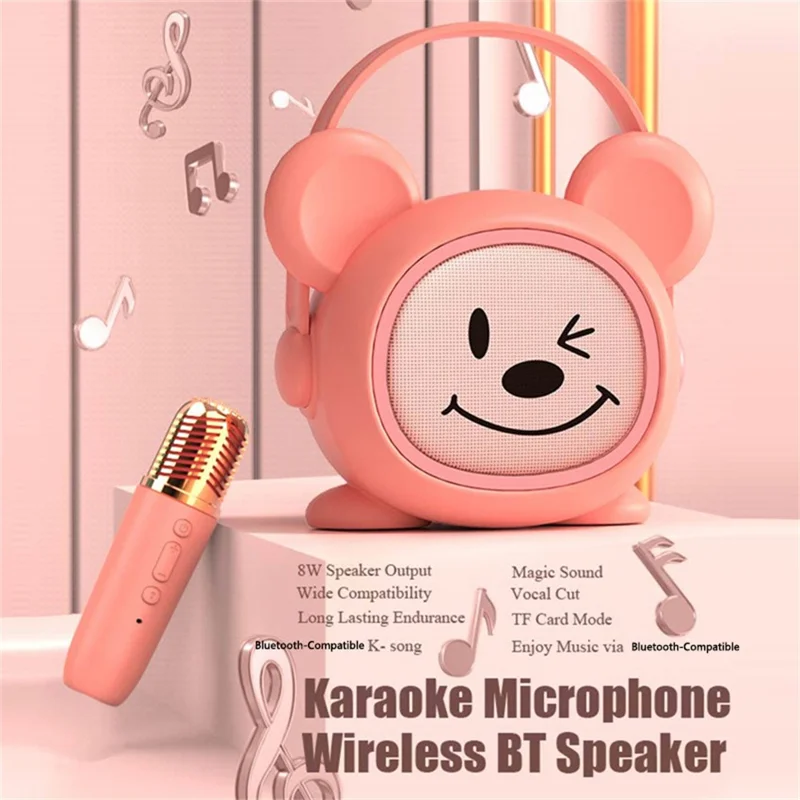 K19 Micrófono de Karaoke para Niños con Altavoz Inalámbrico - Sistema de Sonido para Hogar y Educación Infantil - Rosa Ratón