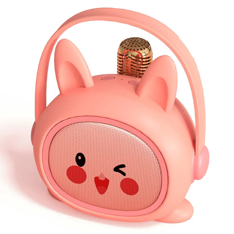 K19 Cartoon Kids Karaoke Microphone Speaker Set Wireless Sound System for Home / Early Education - Pink Rabbit