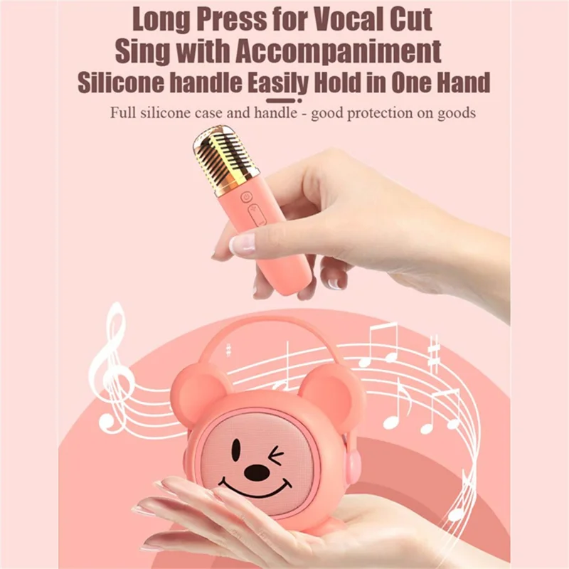 K19 Cartoon Kids Karaoke Microphone Speaker Set Wireless Sound System for Home / Early Education - Pink Rabbit