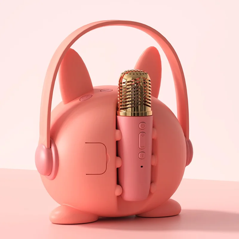 K19 Cartoon Kids Karaoke Microphone Speaker Set Wireless Sound System for Home / Early Education - Pink Rabbit