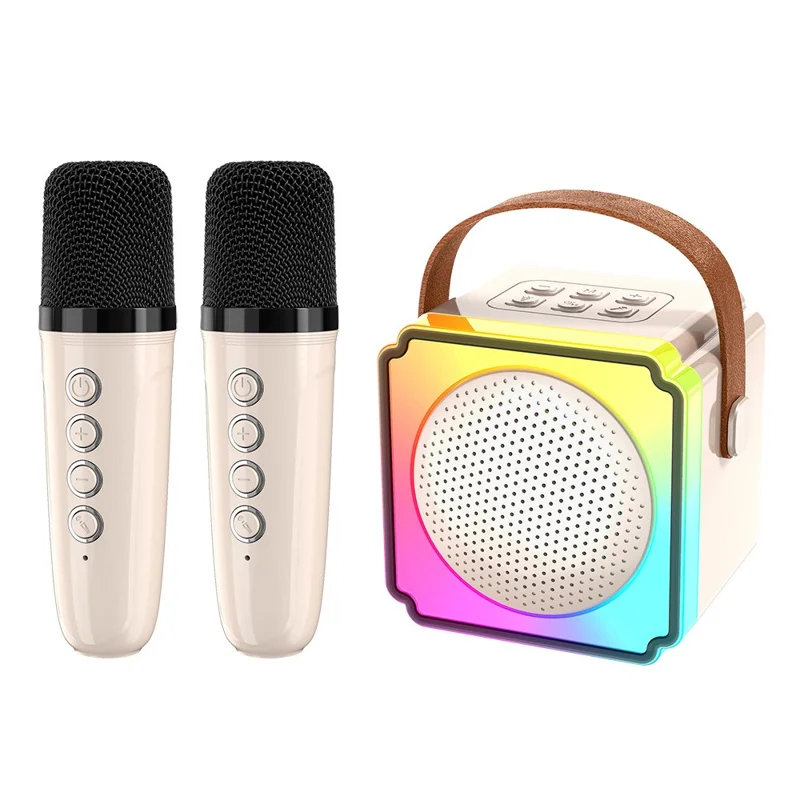 P8 Kids Karaoke Bluetooth-Compatible Speaker with Dual Microphones Colorful Lights 5W Portable Wireless Singing Machine - Beige