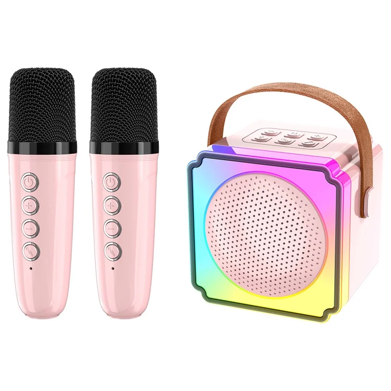 P8 Colorful Light Kids Karaoke Bluetooth-compatible Speaker Singing Machine with 2 Microphones - Pink