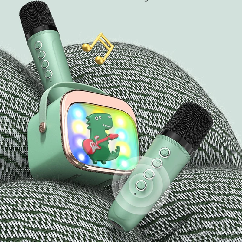 P12 Cartoon Design 5W HiFi Subwoofer Bluetooth-Compatible Karaoke Speaker with Dual Microphones - Matcha Green