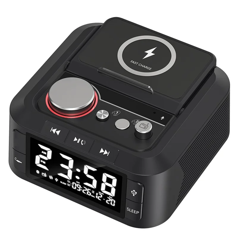 Q7 15W Wireless Charger Bluetooth-Compatible Speaker Night Light FM Radio Bedside Alarm Clock with Dual Type C Ports