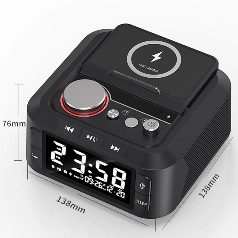Q7 15W Wireless Charger Bluetooth-Compatible Speaker Night Light FM Radio Bedside Alarm Clock with Dual Type C Ports