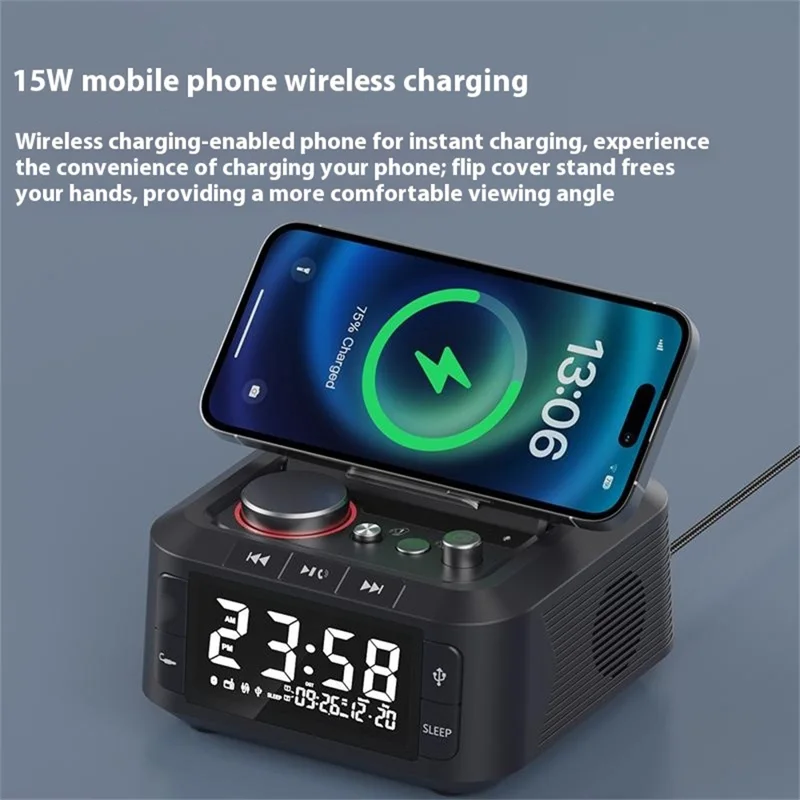 Q7 15W Wireless Charger Bluetooth-Compatible Speaker Night Light FM Radio Bedside Alarm Clock with Dual Type C Ports