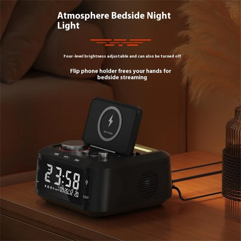 Q7 15W Wireless Charger Bluetooth-Compatible Speaker Night Light FM Radio Bedside Alarm Clock with Dual Type C Ports