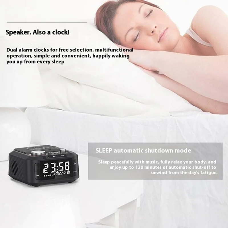 Q7 15W Wireless Charger Bluetooth-Compatible Speaker Night Light FM Radio Bedside Alarm Clock with Dual Type C Ports