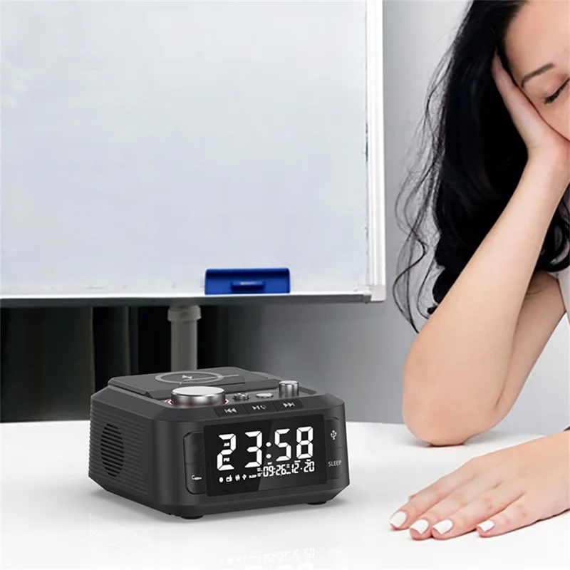 Q7 15W Wireless Charger Bluetooth-Compatible Speaker Night Light FM Radio Bedside Alarm Clock with Dual Type C Ports