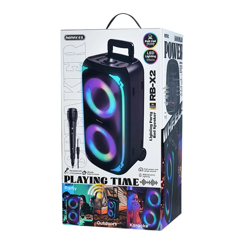 REMAX RB-X2 20W Bluetooth-Compatible Karaoke Speaker with Trolley Handle and Microphone RGB Lighting for Outdoor Party