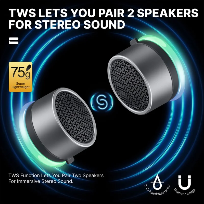 CWS07 Alto-falante Bluetooth TWS portátil e magnético com luz RGB para ciclismo ao ar livre, camping e mini subwoofer - Preto