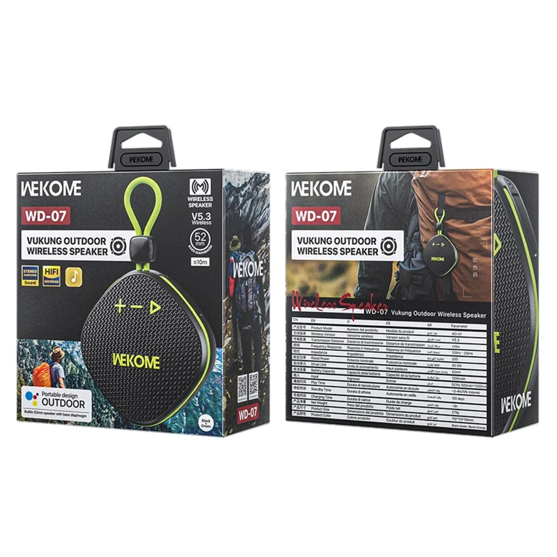 WEKOME WD-07 Outdoor Bluetooth-kompatible Lautsprecher Tragbare Leistungsstarker Bass Spritzwassergeschützt Musikplayer - Schwarz+Grün