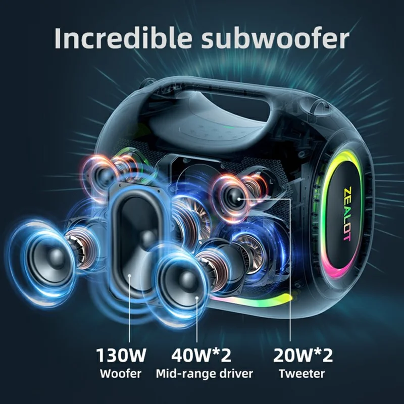 ZEALOT ZE21 Outdoor Party Bluetooth-Compatible Speaker 250W TWS Wireless 48000mAh Battery Subwoofer - Black